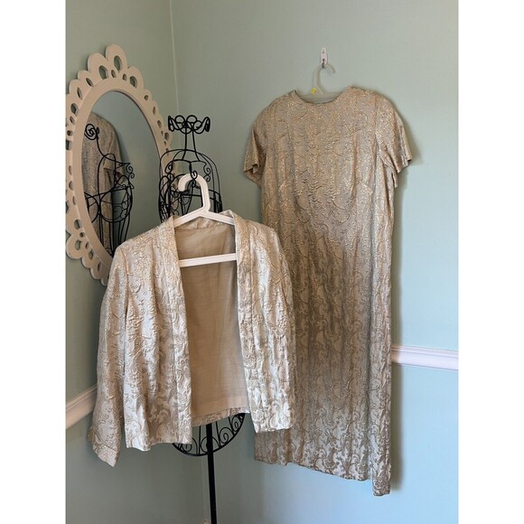 VTG. 1950's Gold  CUSTOM MADE - Brocade Dress And Jacket  Medium - Picture 1 of 6